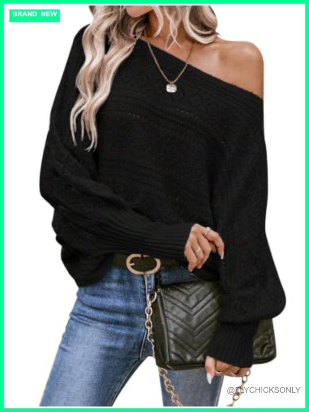 Off Shoulder Oversized Batwing Sleeve Crochet Knit Pullover Sweater